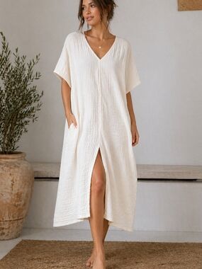 Anne Cole Ibiza Cream 100%Cotton V-Neck Maxi Swim Cover-Up with Front Slit SizeM